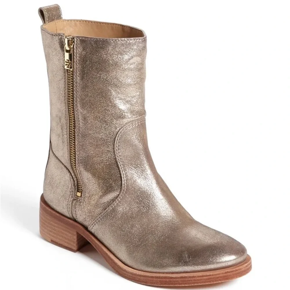 TORY BURCH Gold Metallic Leather HALLE Mid Combat Boots Size 6